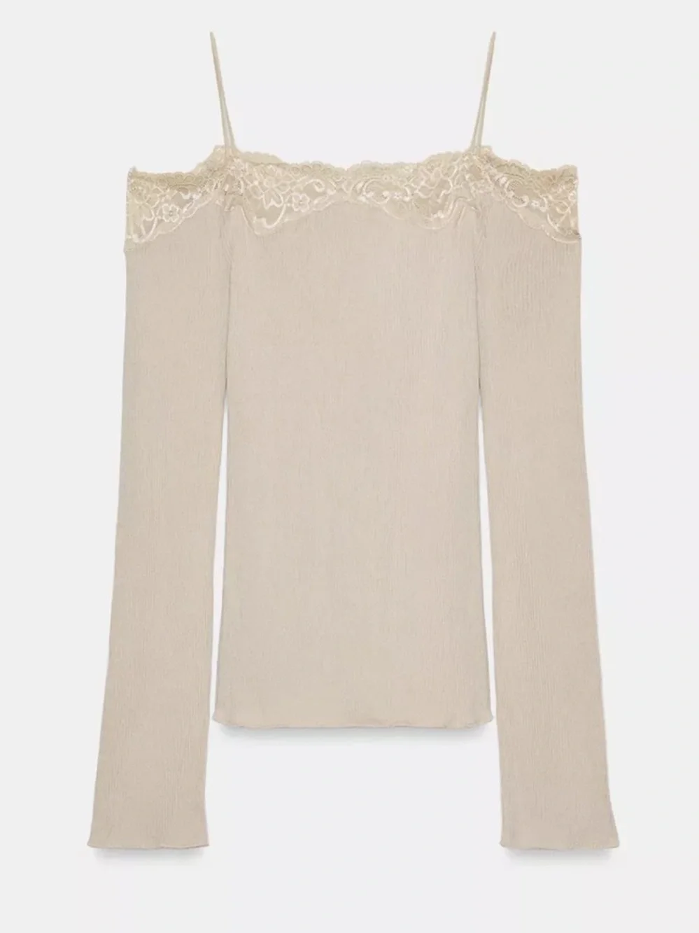 Zara NWT Off-Shoulder Lace Trim Ribbed long sleeve stretchy rib top- Cream beige